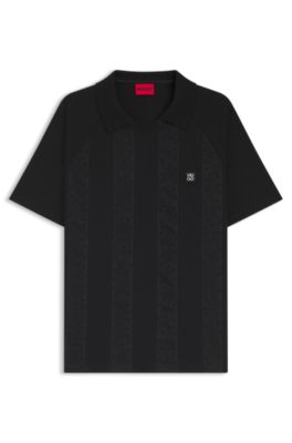 Johnny-collar polo shirt with broderie stripes, Black