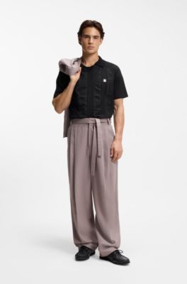 Johnny-collar polo shirt with broderie stripes, Black