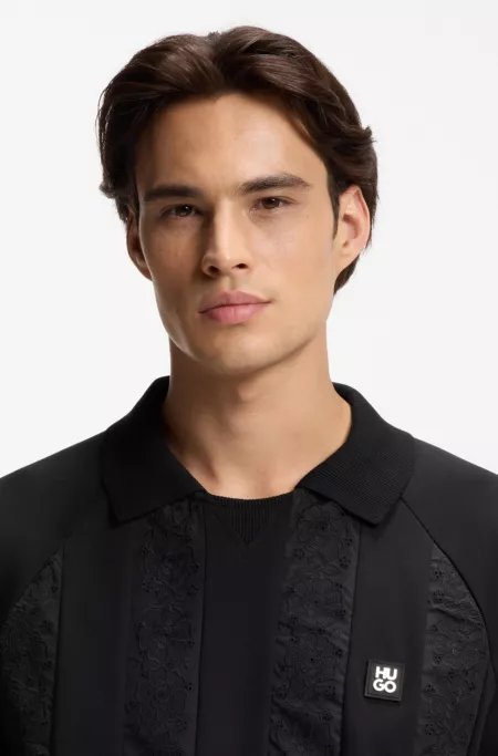 Johnny-collar polo shirt with broderie stripes