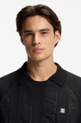 Johnny-collar polo shirt with broderie stripes, Black