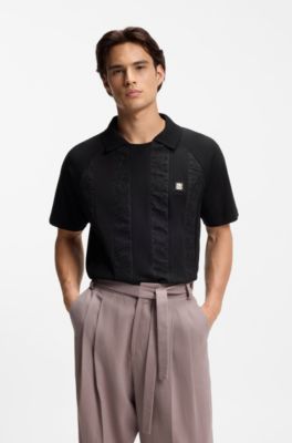 Johnny-collar polo shirt with broderie stripes, Black