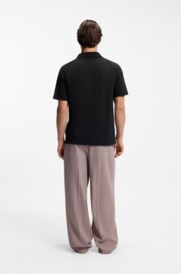 Johnny-collar polo shirt with broderie stripes, Black