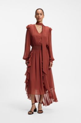 Crepe-georgette dress with detachable scarf, Dark Red