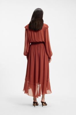 Crepe-georgette dress with detachable scarf, Dark Red