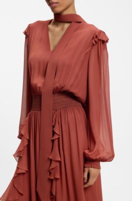 Crepe-georgette dress with detachable scarf, Dark Red