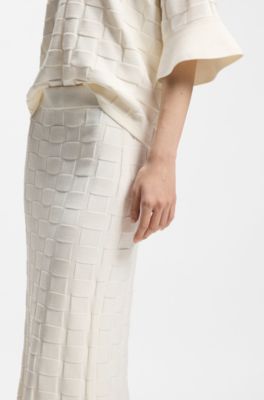 Falda maxi con estructura de punto a cuadros, Blanco