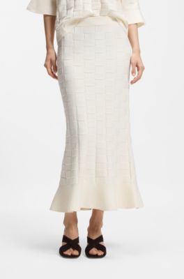 Falda maxi con estructura de punto a cuadros, Blanco