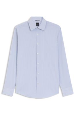 Camisa regular fit en tejido el&aacute;stico t&eacute;cnico a rayas, Celeste