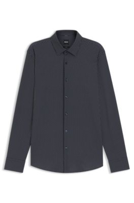 Printed slim-fit shirt in performance-stretch jersey, Dark Blue