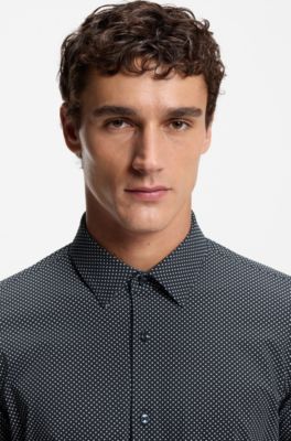 Printed slim-fit shirt in performance-stretch jersey, Dark Blue