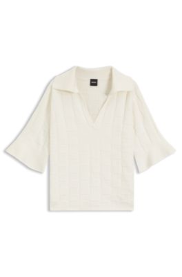 Check-texture sweater with Johnny collar, White