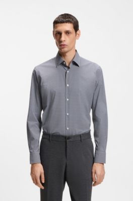 Camisa regular fit en tejido el&aacute;stico t&eacute;cnico a cuadros, Negro