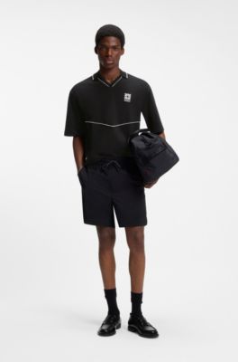 Embroidered-logo polo shirt with Johnny collar, Black