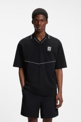 Embroidered-logo polo shirt with Johnny collar, Black