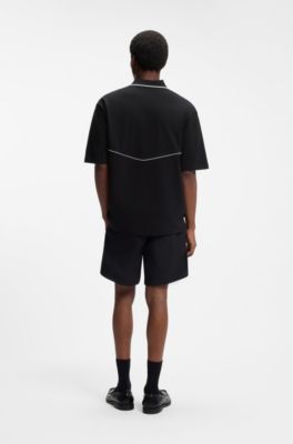 Embroidered-logo polo shirt with Johnny collar, Black