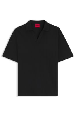 Jacquard-stripe polo shirt with Johnny collar, Black