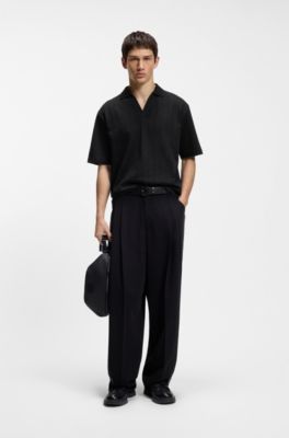 Jacquard-stripe polo shirt with Johnny collar, Black