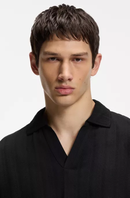 Jacquard-stripe polo shirt with Johnny collar