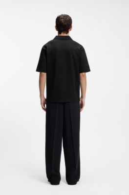 Jacquard-stripe polo shirt with Johnny collar, Black