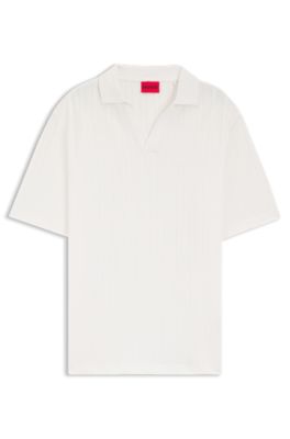 Jacquard-stripe polo shirt with Johnny collar, White