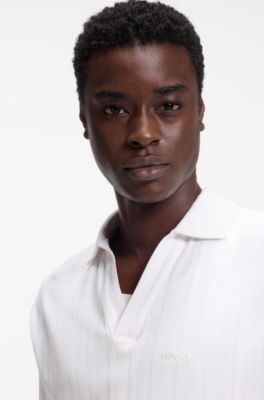 Polo de jacquard a rayas con cuello abierto, Blanco