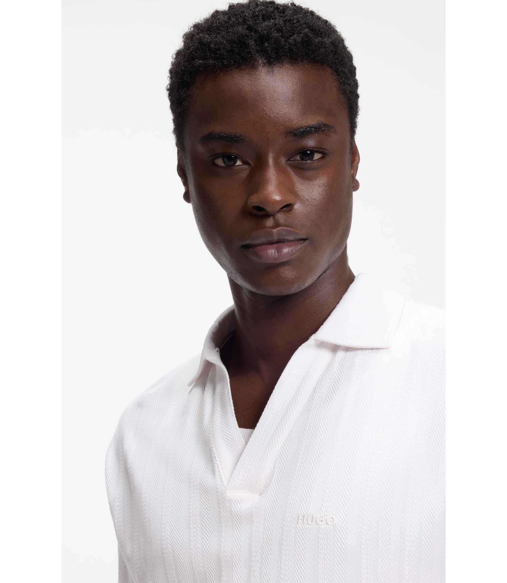 HUGO - Jacquard-stripe polo shirt with Johnny collar - White