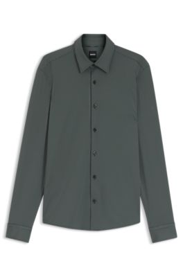 Patterned slim-fit shirt in performance-stretch jersey, Black