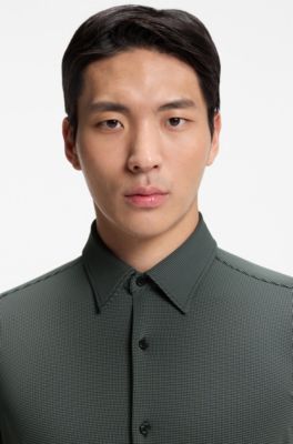 Patterned slim-fit shirt in performance-stretch jersey, Black