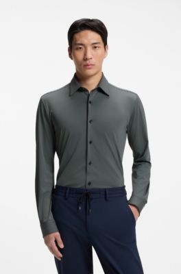 Patterned slim-fit shirt in performance-stretch jersey, Black