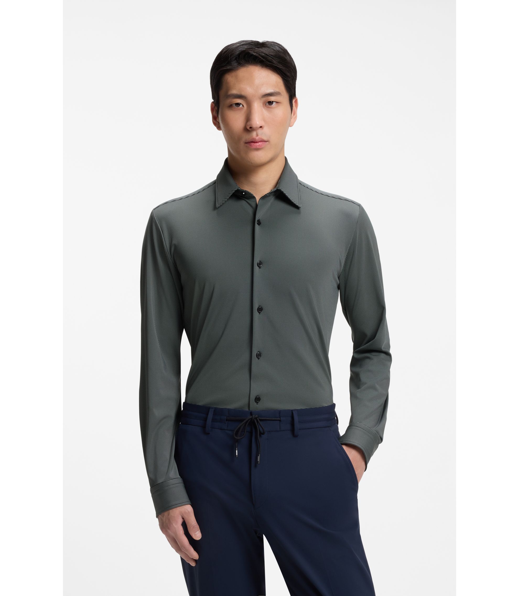 BOSS - Patterned slim-fit shirt in performance-stretch jersey - Black