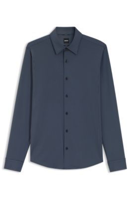 Camisa slim fit en punto el&aacute;stico t&eacute;cnico estampado, Celeste