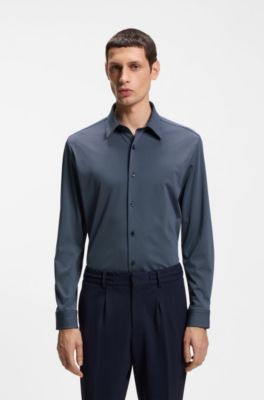 Camisa slim fit en punto el&aacute;stico t&eacute;cnico estampado, Celeste