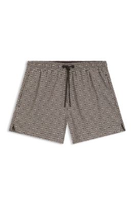 Quick-dry swim shorts with stacked-logo check print, Light Beige