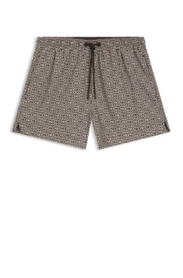 Ba&ntilde;ador tipo shorts de secado r&aacute;pido con estampado de cuadros con logo apilado, Beige claro