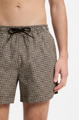 Quick-dry swim shorts with stacked-logo check print, Light Beige