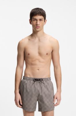 Quick-dry swim shorts with stacked-logo check print, Light Beige