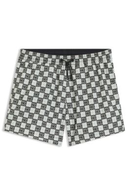 Quick-dry swim shorts with stacked-logo check print, Dark Green