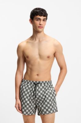 Quick-dry swim shorts with stacked-logo check print, Dark Green