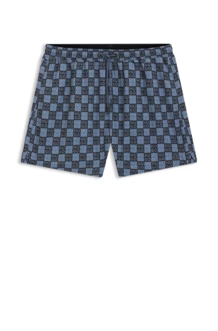 Quick-dry swim shorts with stacked-logo check print