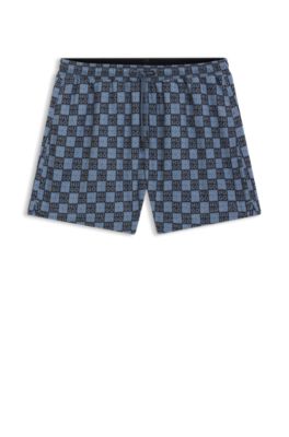 Quick-dry swim shorts with stacked-logo check print, Dark Blue