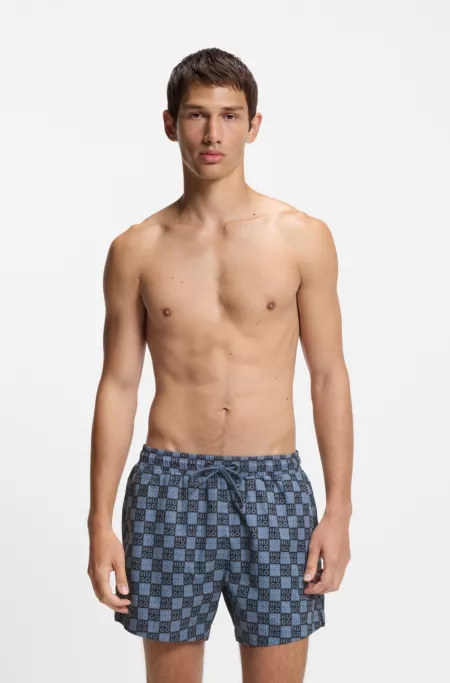 Quick-dry swim shorts with stacked-logo check print