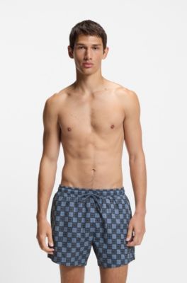 Ba&ntilde;ador tipo shorts de secado r&aacute;pido con estampado de cuadros con logo apilado, Azul oscuro