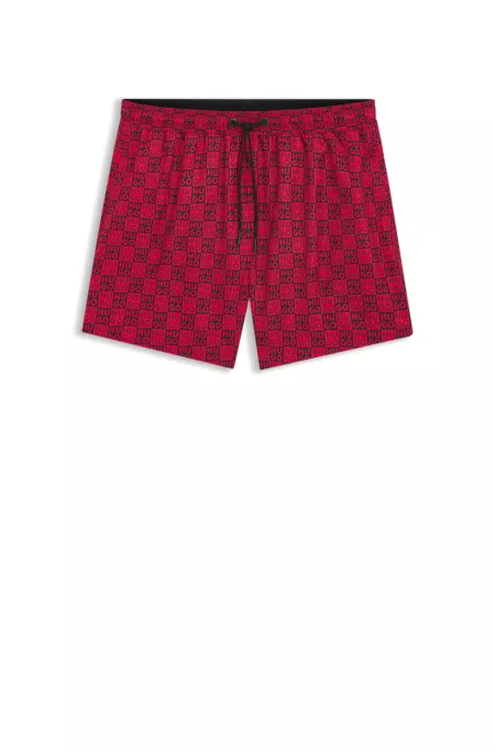 Quick-dry swim shorts with stacked-logo check print