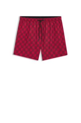 Ba&ntilde;ador tipo shorts de secado r&aacute;pido con estampado de cuadros con logo apilado, Rosa claro