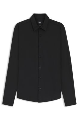 Performance-stretch slim-fit shirt in structured jersey, Black