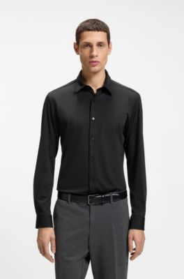 Camisa slim fit en punto t&eacute;cnico el&aacute;stico con estructura, Negro