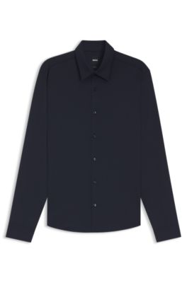 Performance-stretch slim-fit shirt in structured jersey, Dark Blue