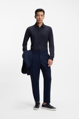 Performance-stretch slim-fit shirt in structured jersey, Dark Blue