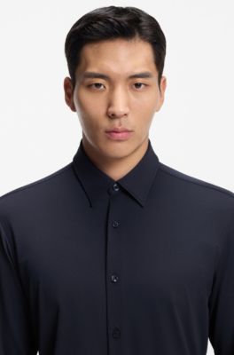 Performance-stretch slim-fit shirt in structured jersey, Dark Blue