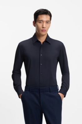 Performance-stretch slim-fit shirt in structured jersey, Dark Blue